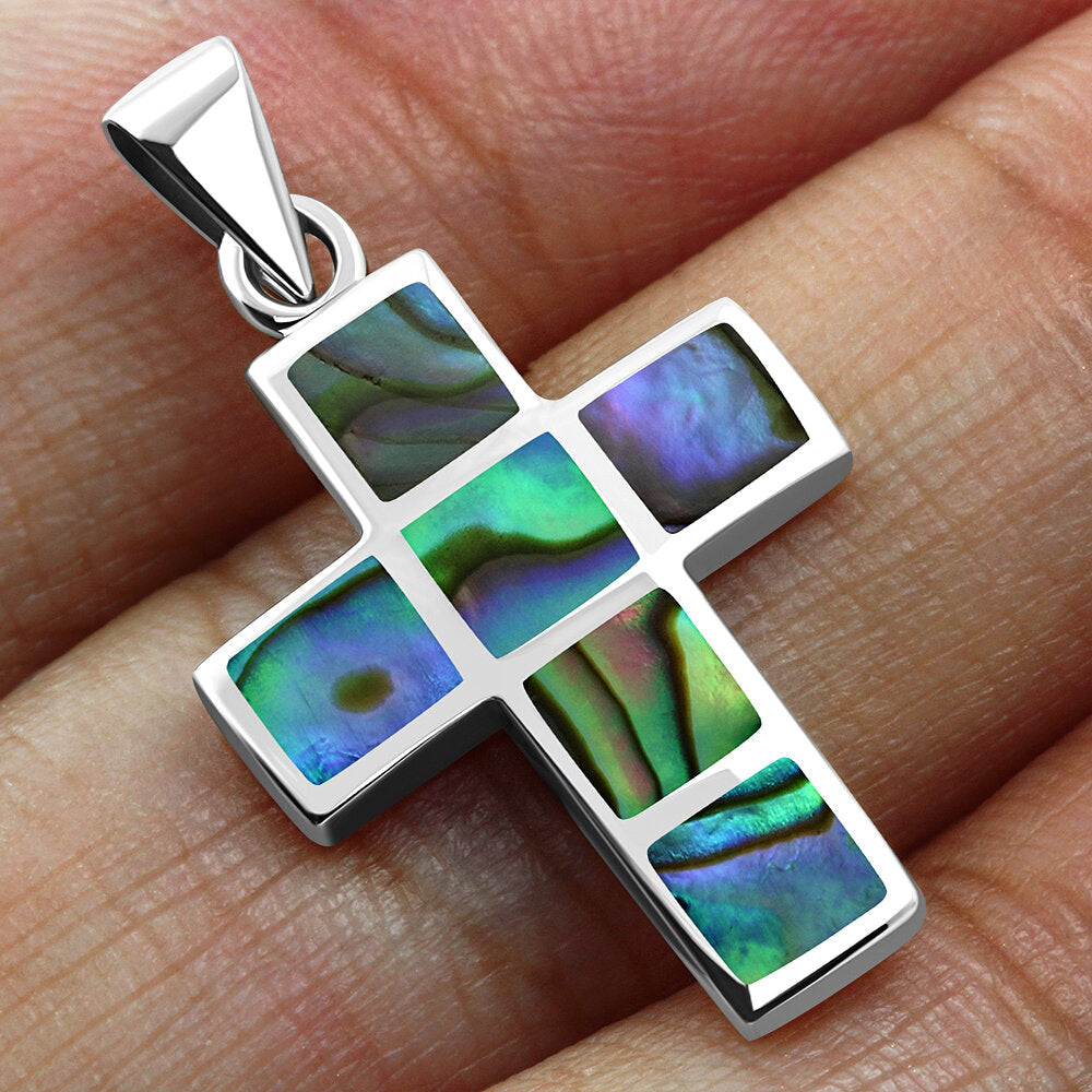 Contemporary Stone Pendant- Blocked Sleek Cross with Abalone Shell