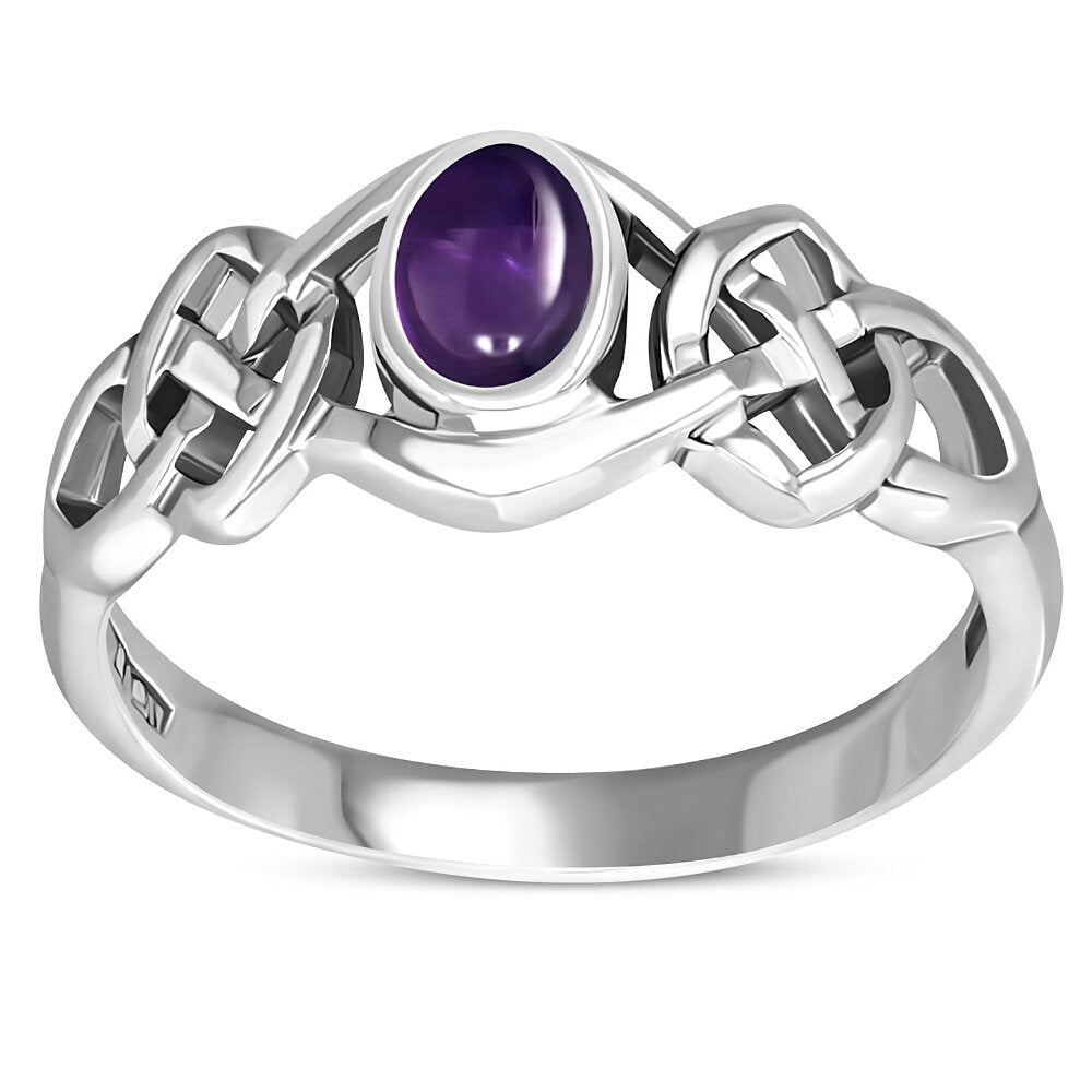 Celtic Stone Ring- Thick Interlocking Knot with Amethyst