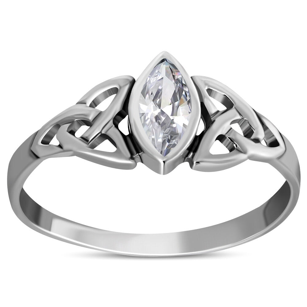 Celtic Stone Ring- Marquise Triquetra with Clear Zircon