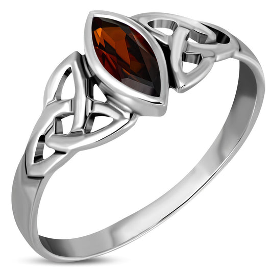 Celtic Stone Ring- Marquise Triquetra with Red Zircon