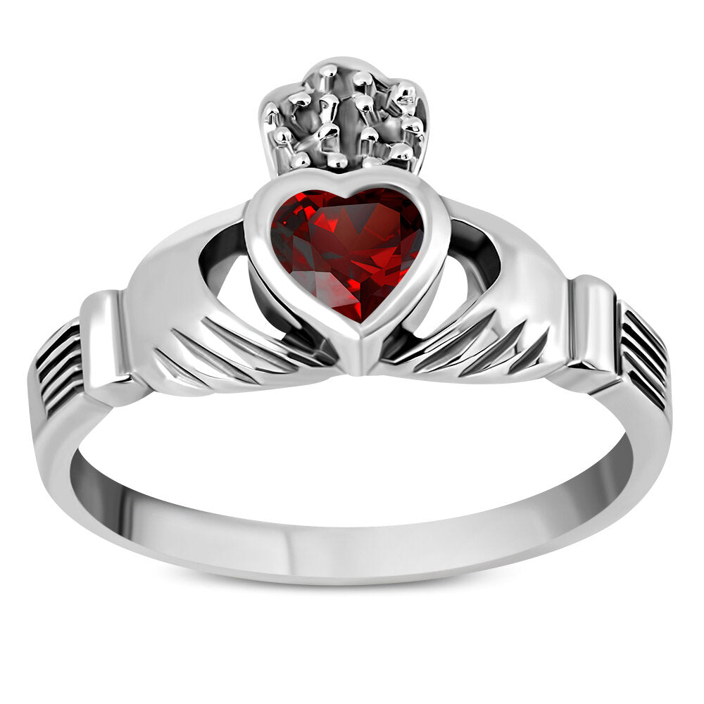 Claddagh Ring- Dotted Crown with Red Zircon