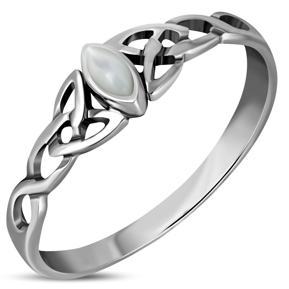 Celtic Stone Ring- Diamond Triquetra with Mother of Pearl