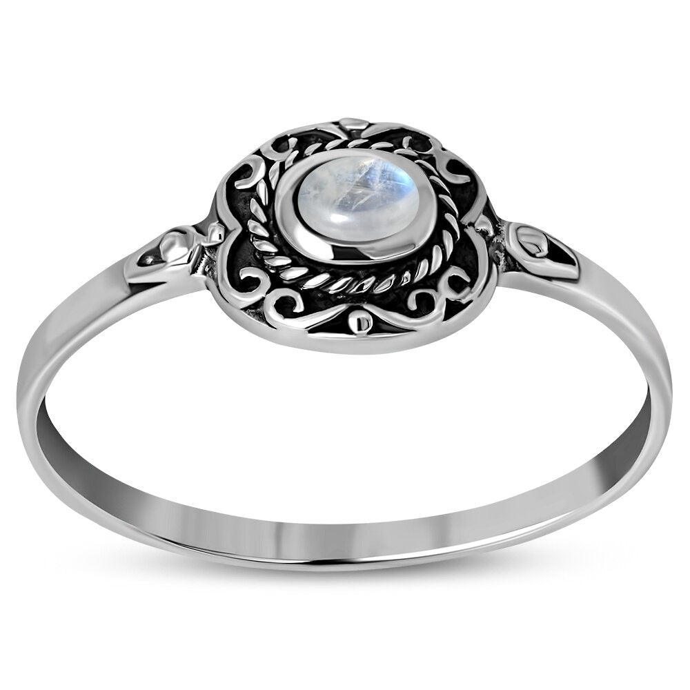 Contemporary Stone Ring- Vintage Swirl Border with Moonstone