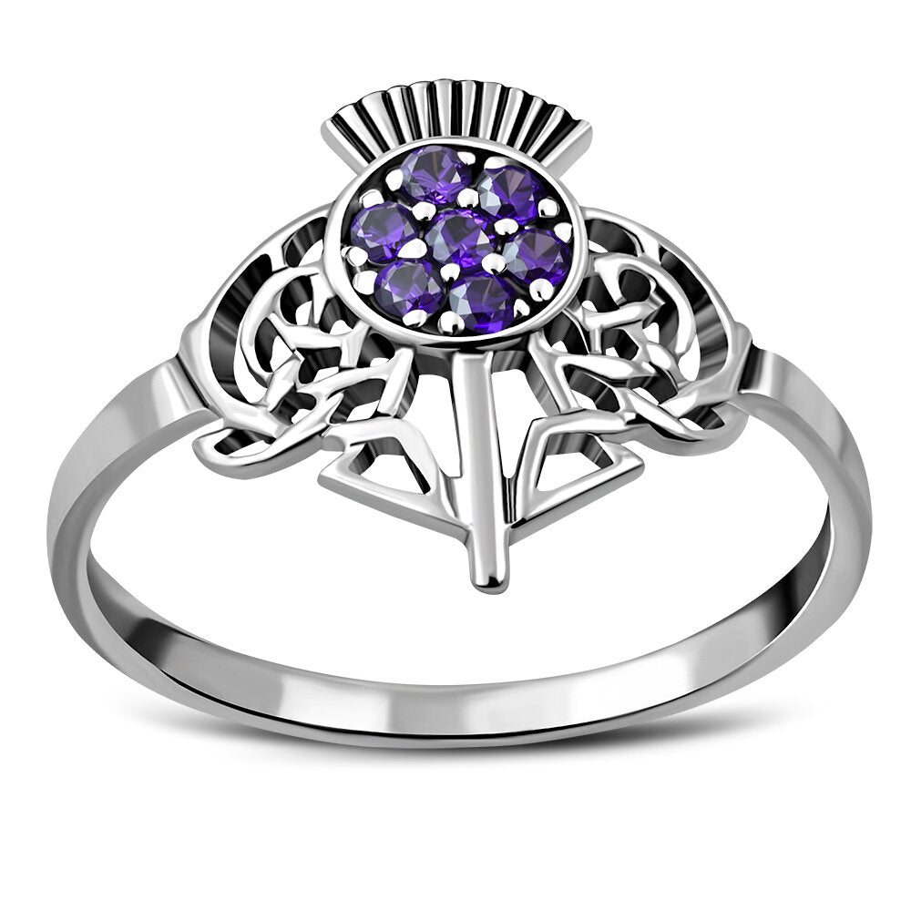 Scottish Thistle Ring - Jewelled Crown with Celtic Knot Leaves