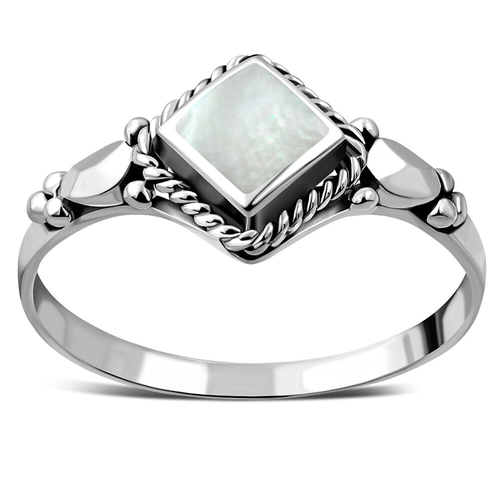 Contemporary Stone Ring- Vintage Diamond Shoulder with Mother of Pearl