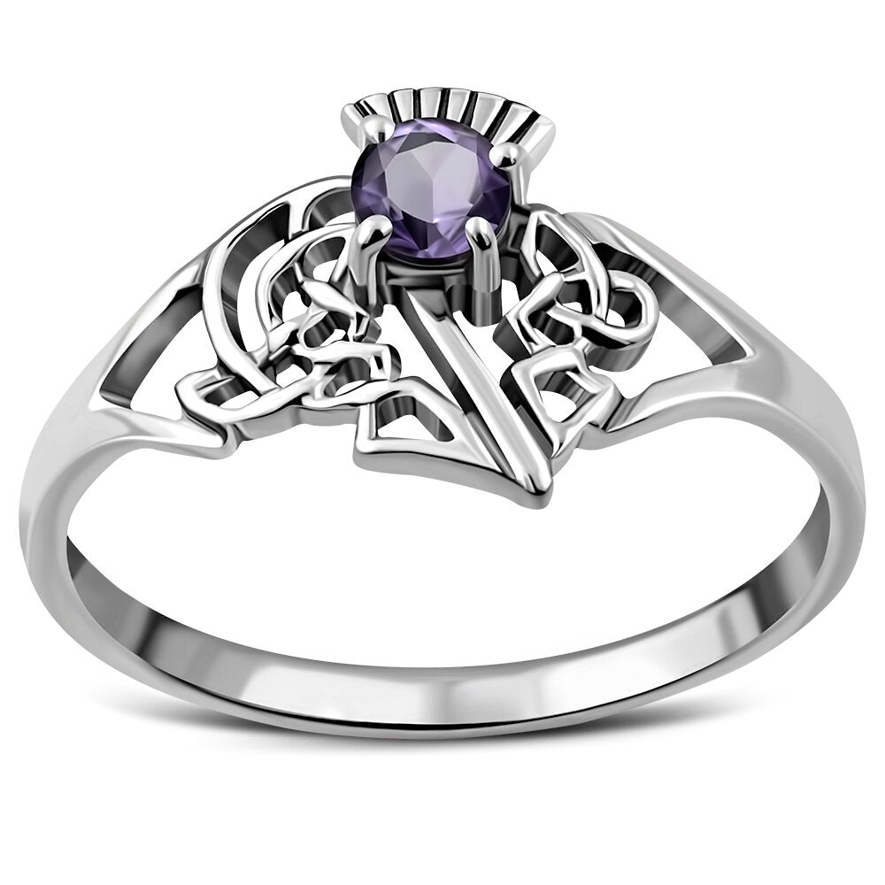 Scottish Thistle Ring - Celtic Leaves with Cut Amethyst