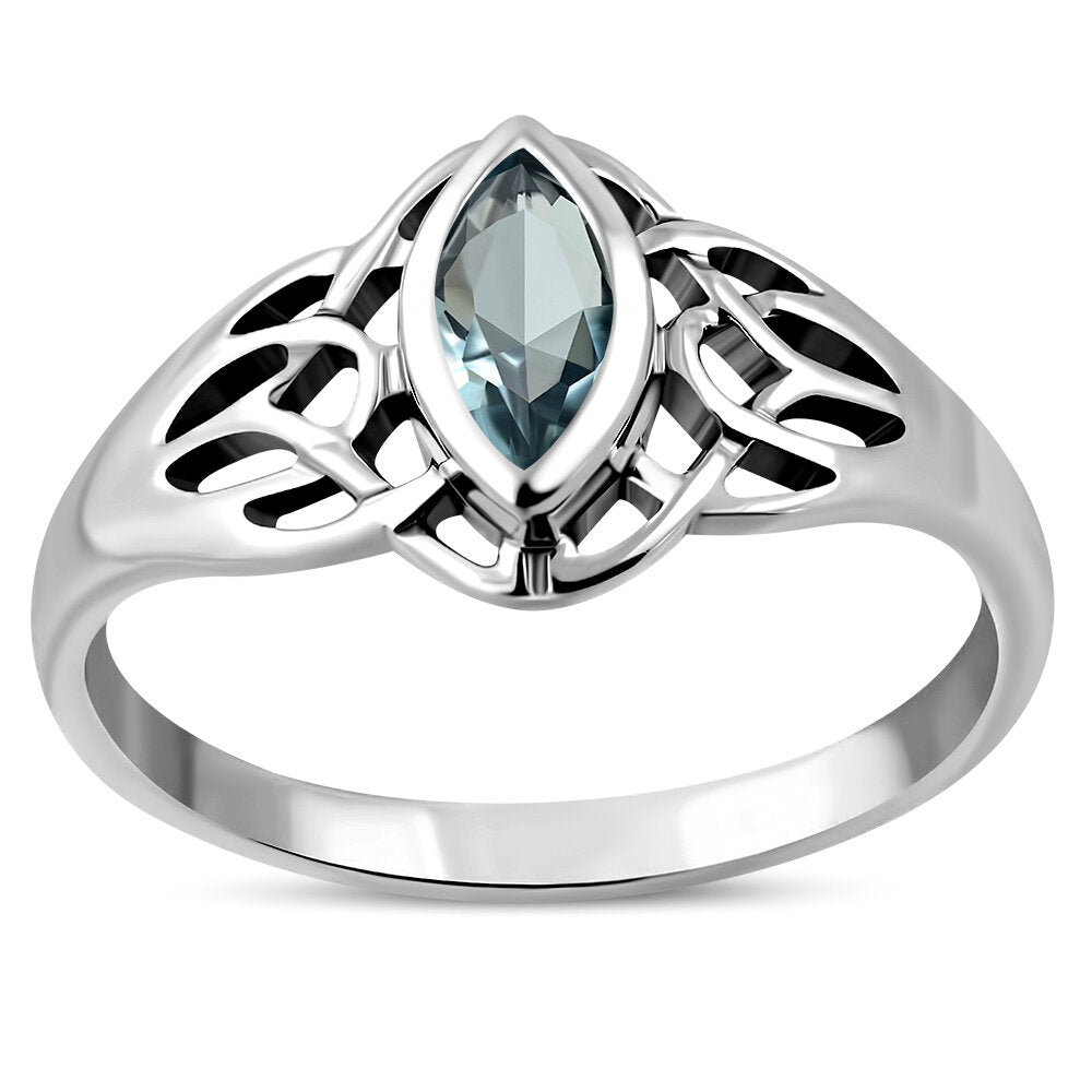 Celtic Stone Ring- Pictish Lock with Marquee Blue Zircon