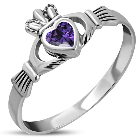 Claddagh Ring - Dainty Royal Crown with Violet Zircon