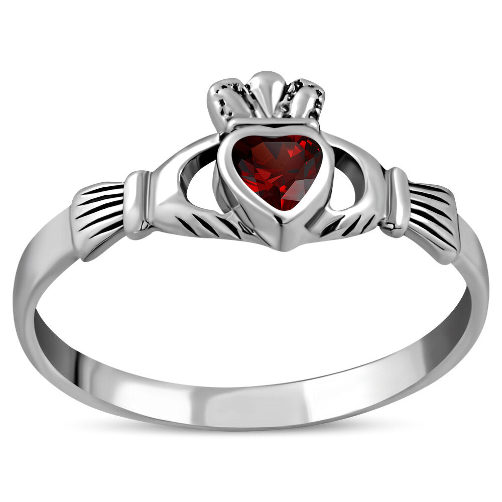 Claddagh Ring - Dainty Royal Crown with Red Zircon