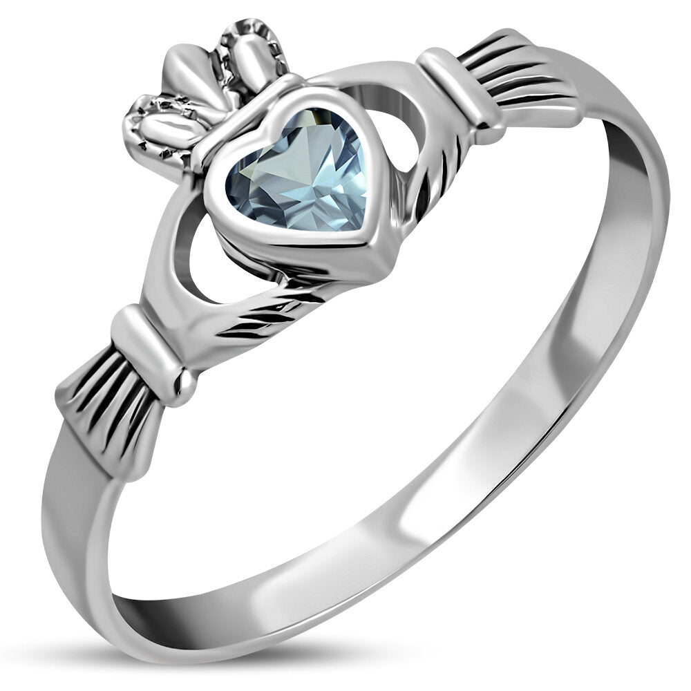 Claddagh Ring - Dainty Royal Crown with Blue Zircon