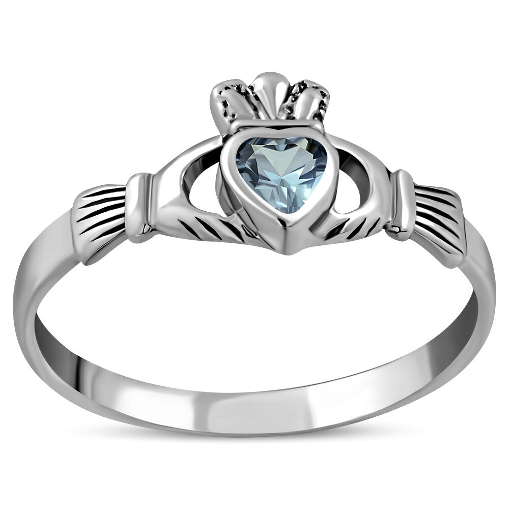 Claddagh Ring - Dainty Royal Crown with Blue Zircon