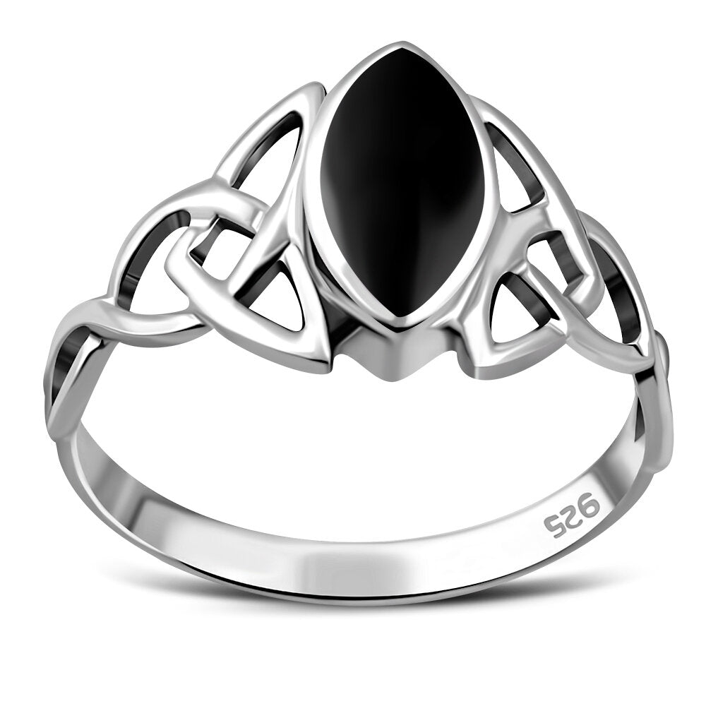 Celtic Stone Ring- Marquee Triquetra with Black Onyx (Medium)