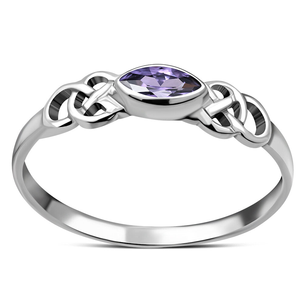 Celtic Stone Ring- Long Marquise with Celtic Knot Shoulder with Violet Zircon