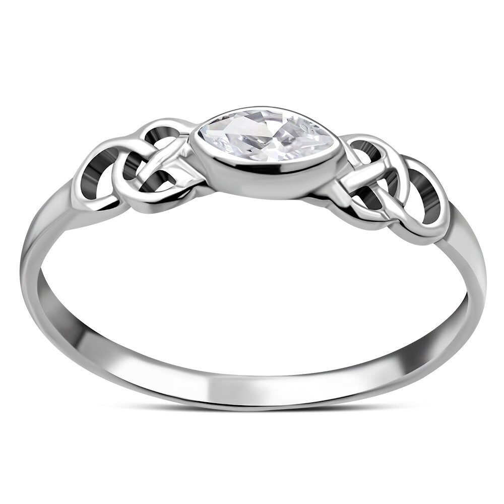 Celtic Stone Ring- Long Marquise with Celtic Knot Shoulder with Clear Zircon