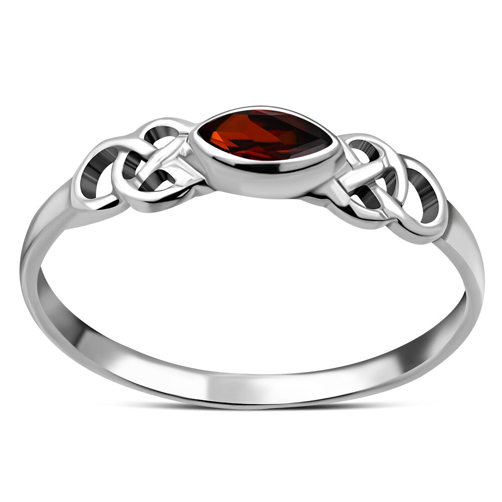 Celtic Stone Ring- Long Marquise with Celtic Knot Shoulder with Red Zircon