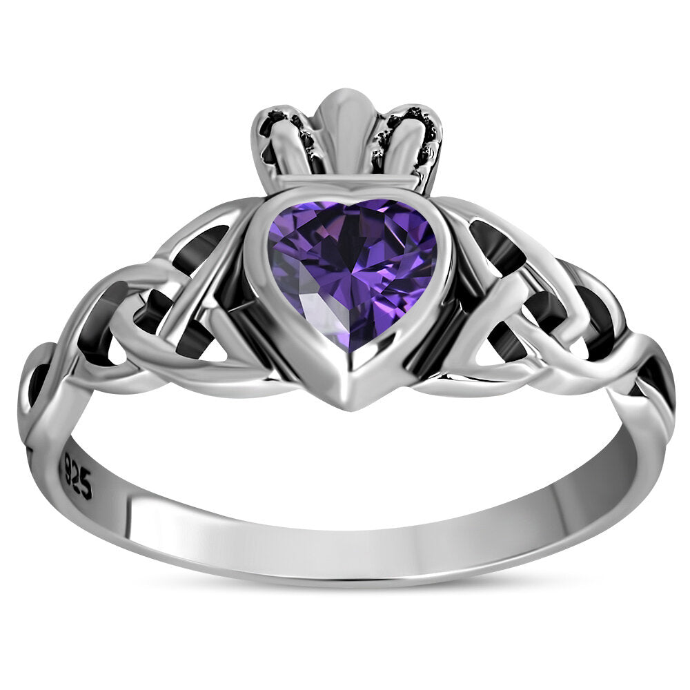 Claddagh Ring - Trinity Knot with Royal Crown with Violet Zircon