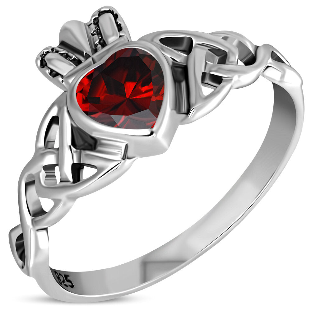 Claddagh Ring - Trinity Knot with Royal Crown with Red Zircon