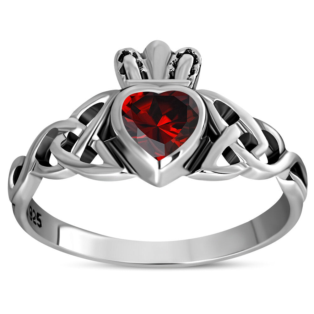 Claddagh Ring - Trinity Knot with Royal Crown with Red Zircon