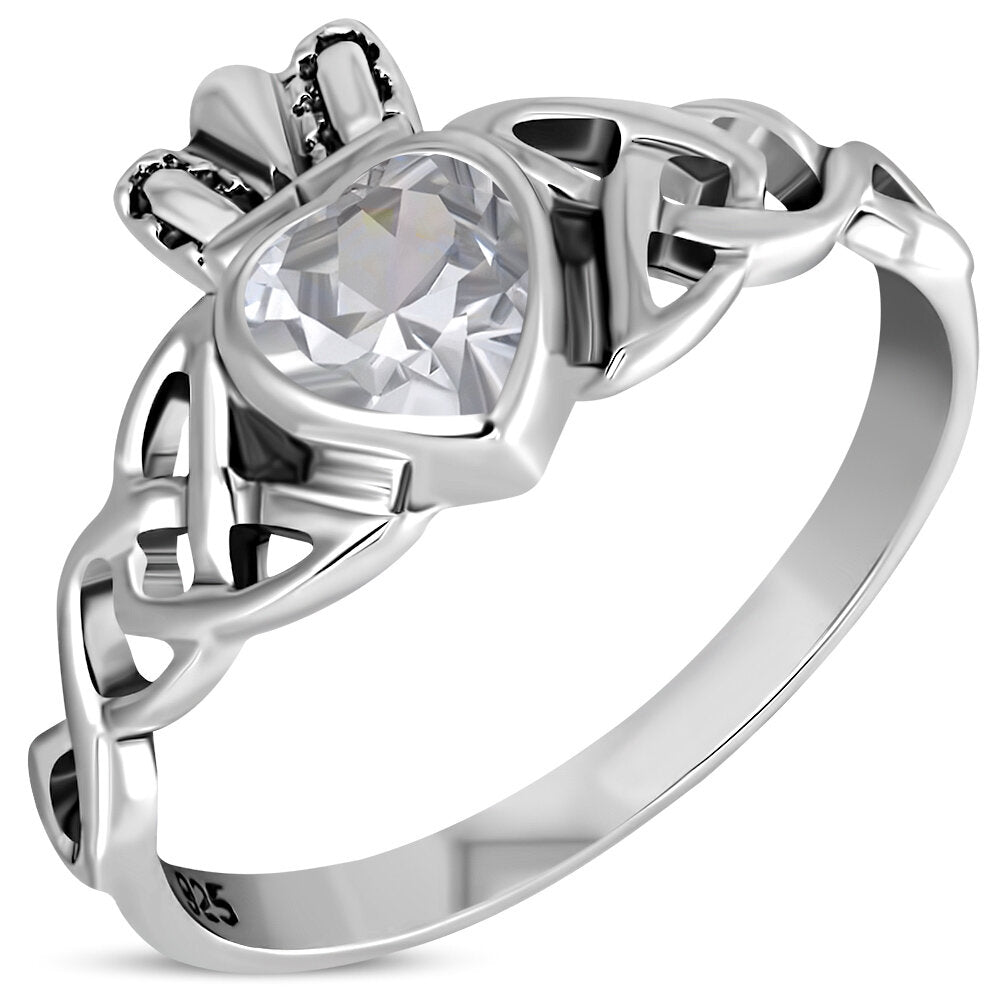 Claddagh Ring - Trinity Knot with Royal Crown with Clear Zircon