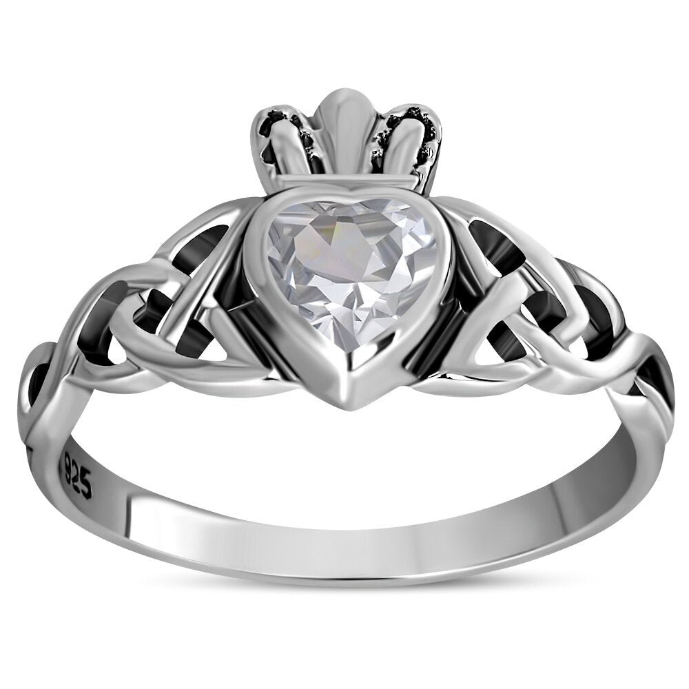 Claddagh Ring - Trinity Knot with Royal Crown with Clear Zircon