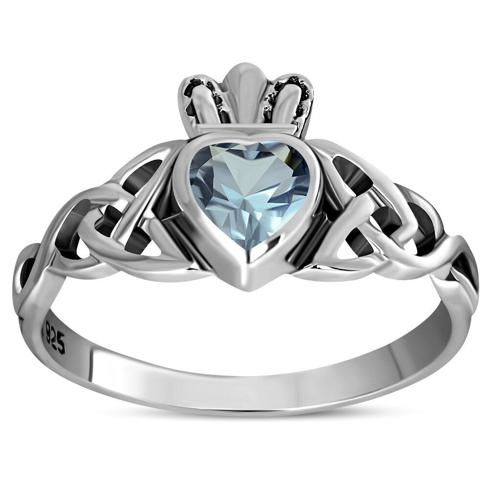 Claddagh Ring - Trinity Knot with Royal Crown with Blue Zircon