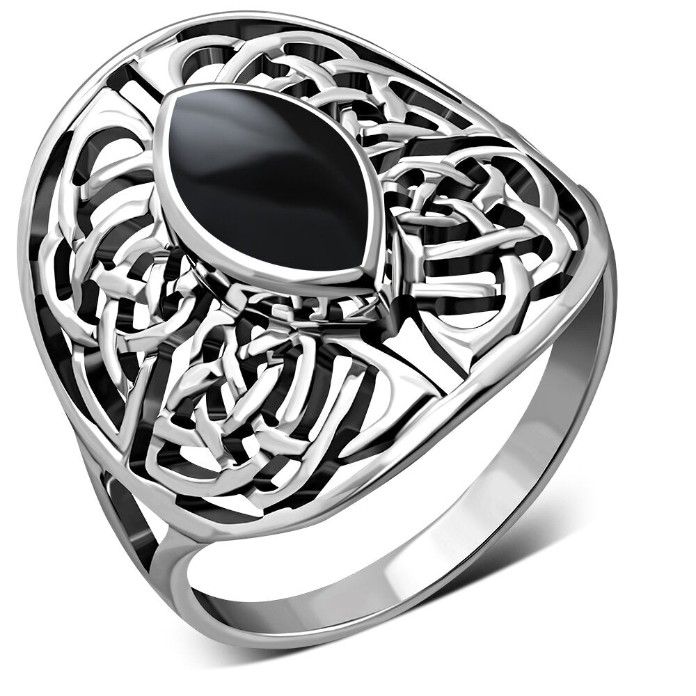 Celtic Stone Ring- Shield of Four Directions with Marquee Black Onyx