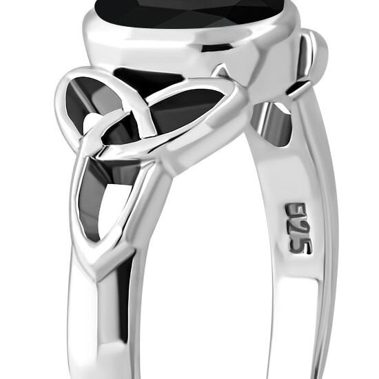 Celtic Stone Ring- Trinity Embrace with Cut Black Onyx