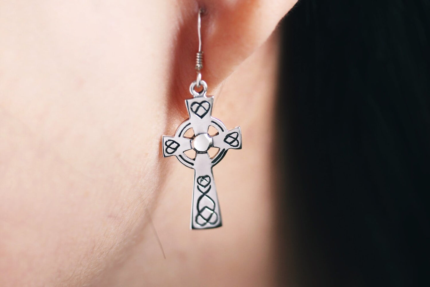 Celtic Cross Earrings - Etched Looped Hearts