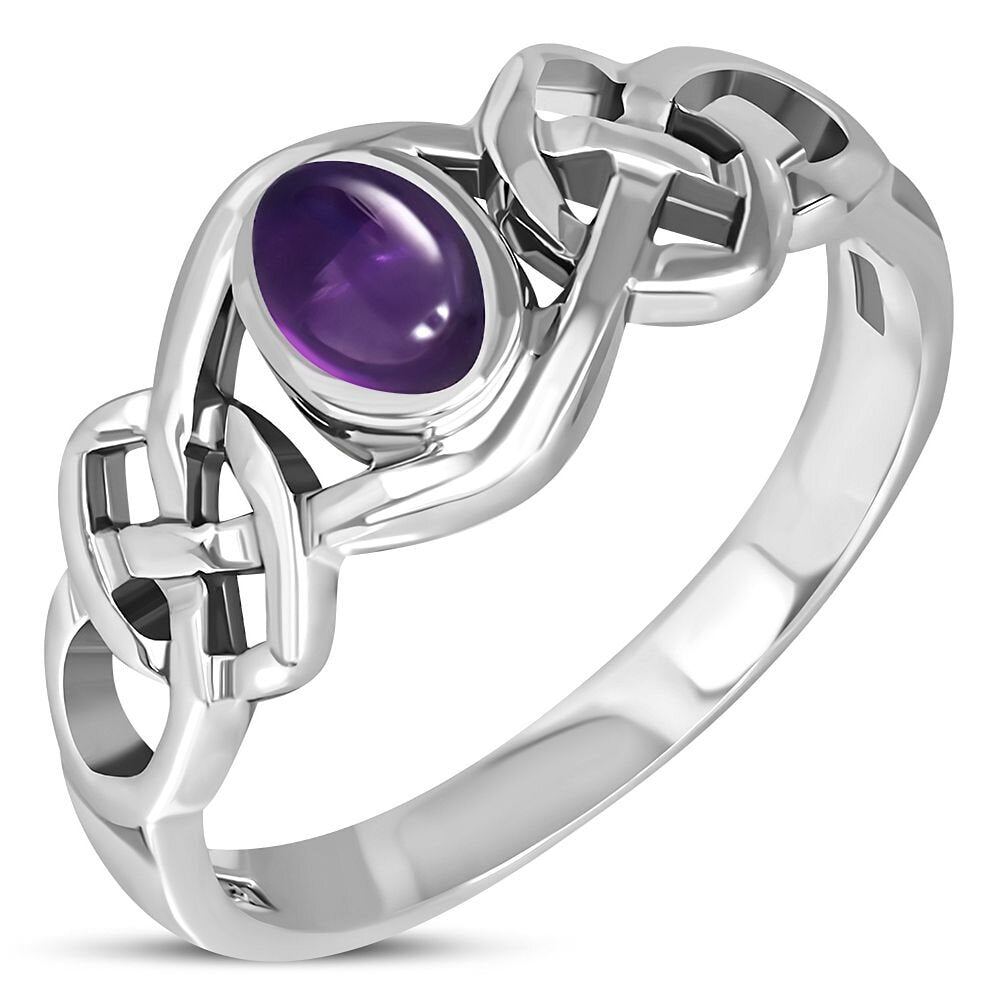 Celtic Stone Ring- Thick Interlocking Knot with Amethyst