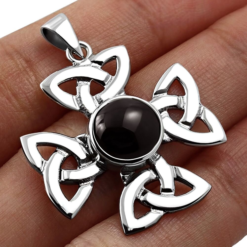 Celtic Cross Pendant - Celtic Wheel Cross with Black Onyx (Large)