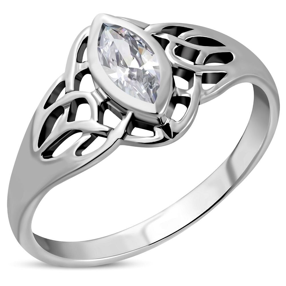 Celtic Stone Ring- Pictish Lock with Marquee Clear Zircon