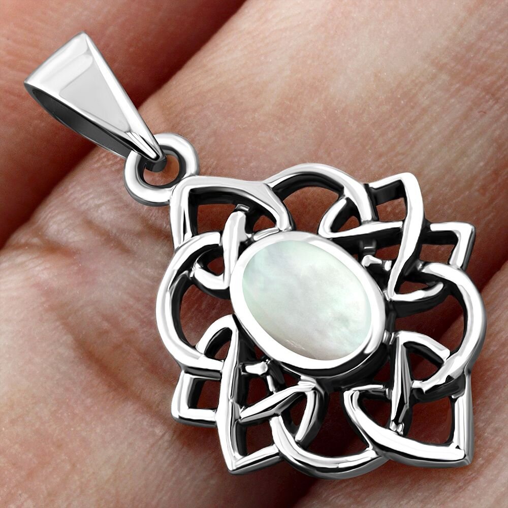 Celtic Stone Pendant - Celtic Knot Border with Mother of Pearl (Narrow)
