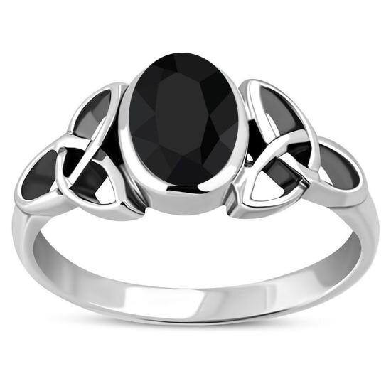 Celtic Stone Ring- Trinity Embrace with Cut Black Onyx
