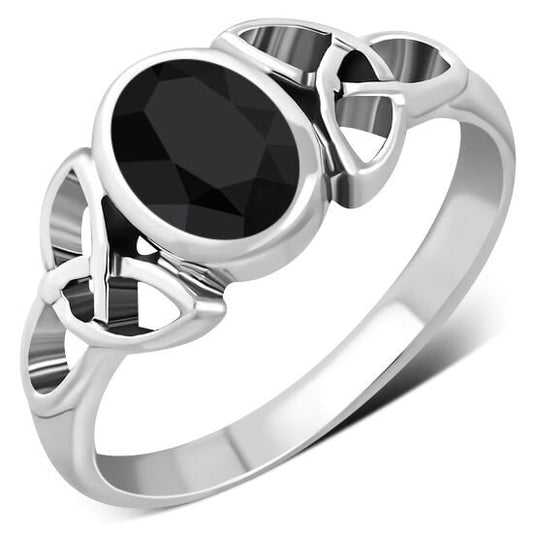Celtic Stone Ring- Trinity Embrace with Cut Black Onyx