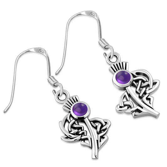 Scottish Thistle Earrings- Celtic Woven Leaf with Polish Amethyst