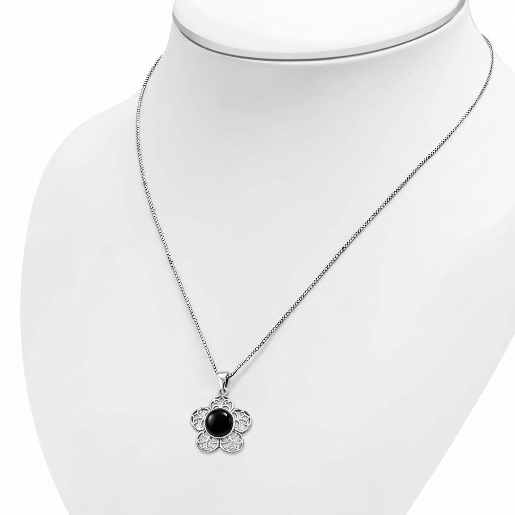 Black Onyx Pendant - Flower with Filigree Petals