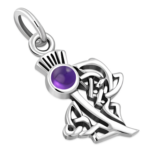 Scottish Thistle Pendant with Polish Amethyst - Celtic Woven Leaf