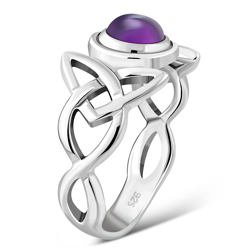 Celtic Stone Ring - Broad Triquetra with Amethyst