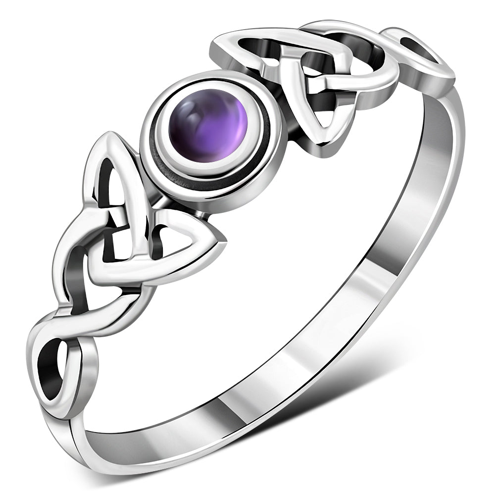 Celtic Stone Ring- Broad Triquetra wrap with Amethyst