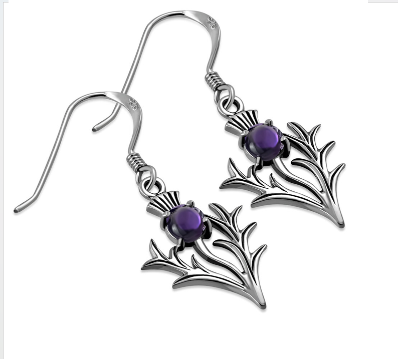 Scottish Thistle Earrings - Spiky Leaf with Smooth Amethyst