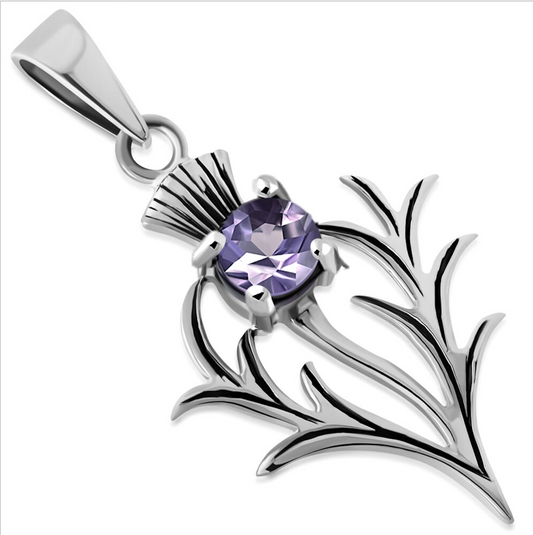 Scottish Thistle Pendant Cut Amethyst - Spiky Leaf