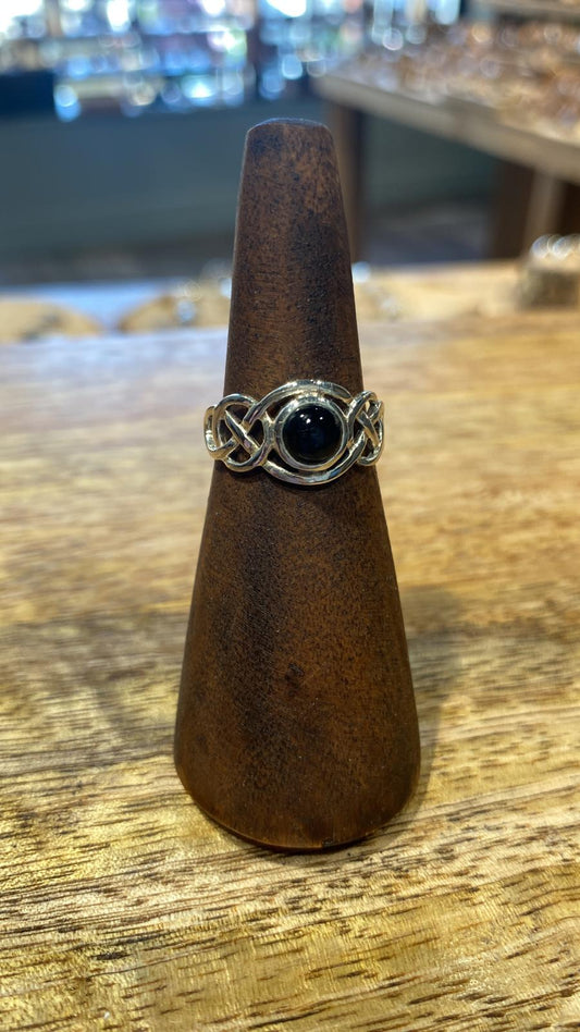 Celtic Stone Ring- Looped Frame with round Black Oynx (Small)