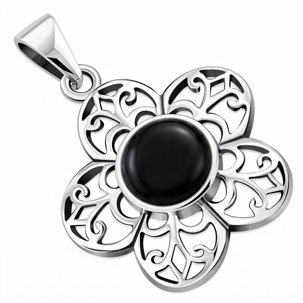 Black Onyx Pendant - Flower with Filigree Petals