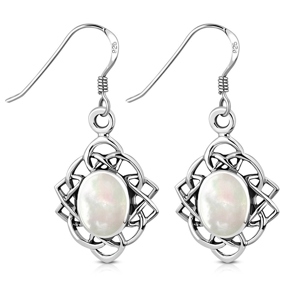 Celtic Stone Earrings - Celtic Knot Border with Mother of Pearl