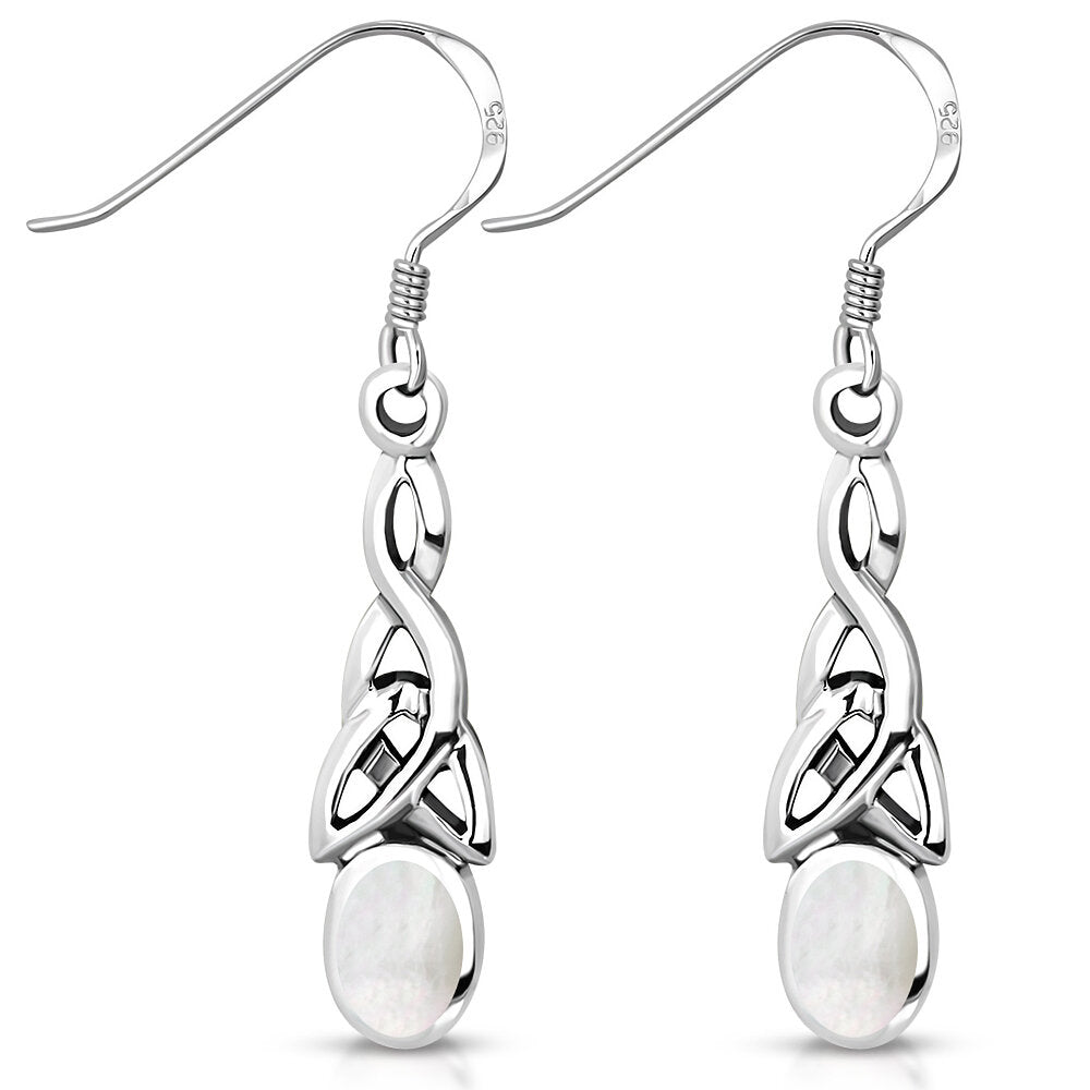Triquetra Stone Earrings - Elongated Trinity Knot with Mother of Pearl