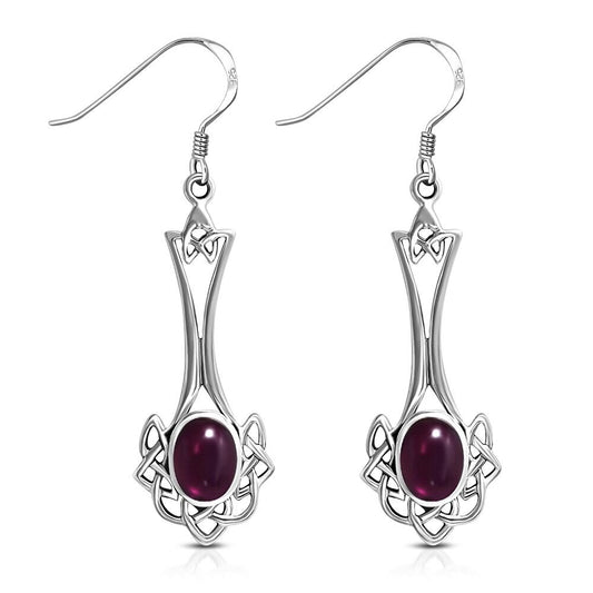 Celtic Knot Earrings - Long Knotted Drop with Red Garnet