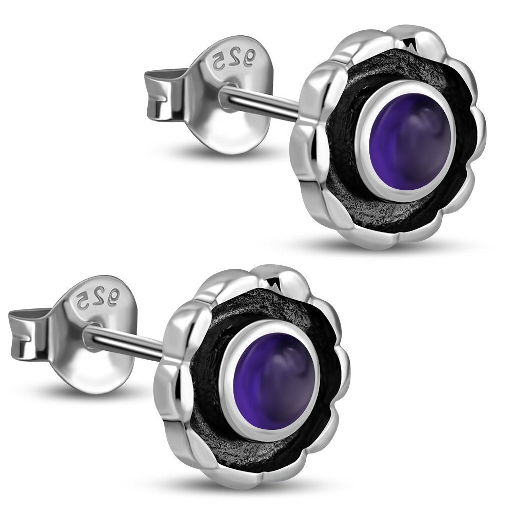 Contemporary Stone Earrings- Round Dark Border with Amethyst