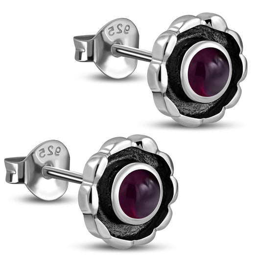 Contemporary Stone Earrings- Round Dark Border with Red Garnet