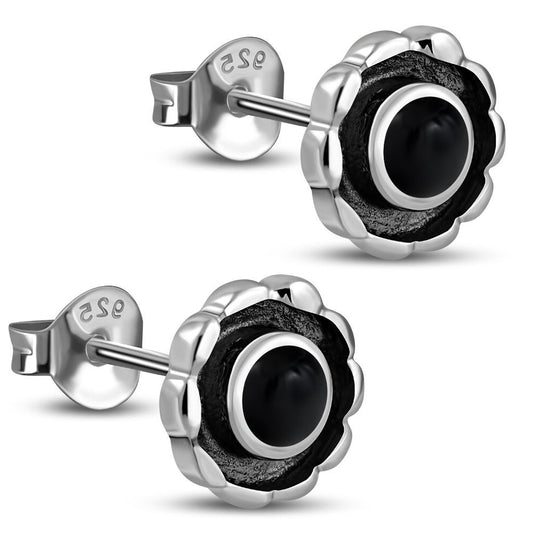 Contemporary Stone Earrings- Round Bordered Plates with Black Onyx