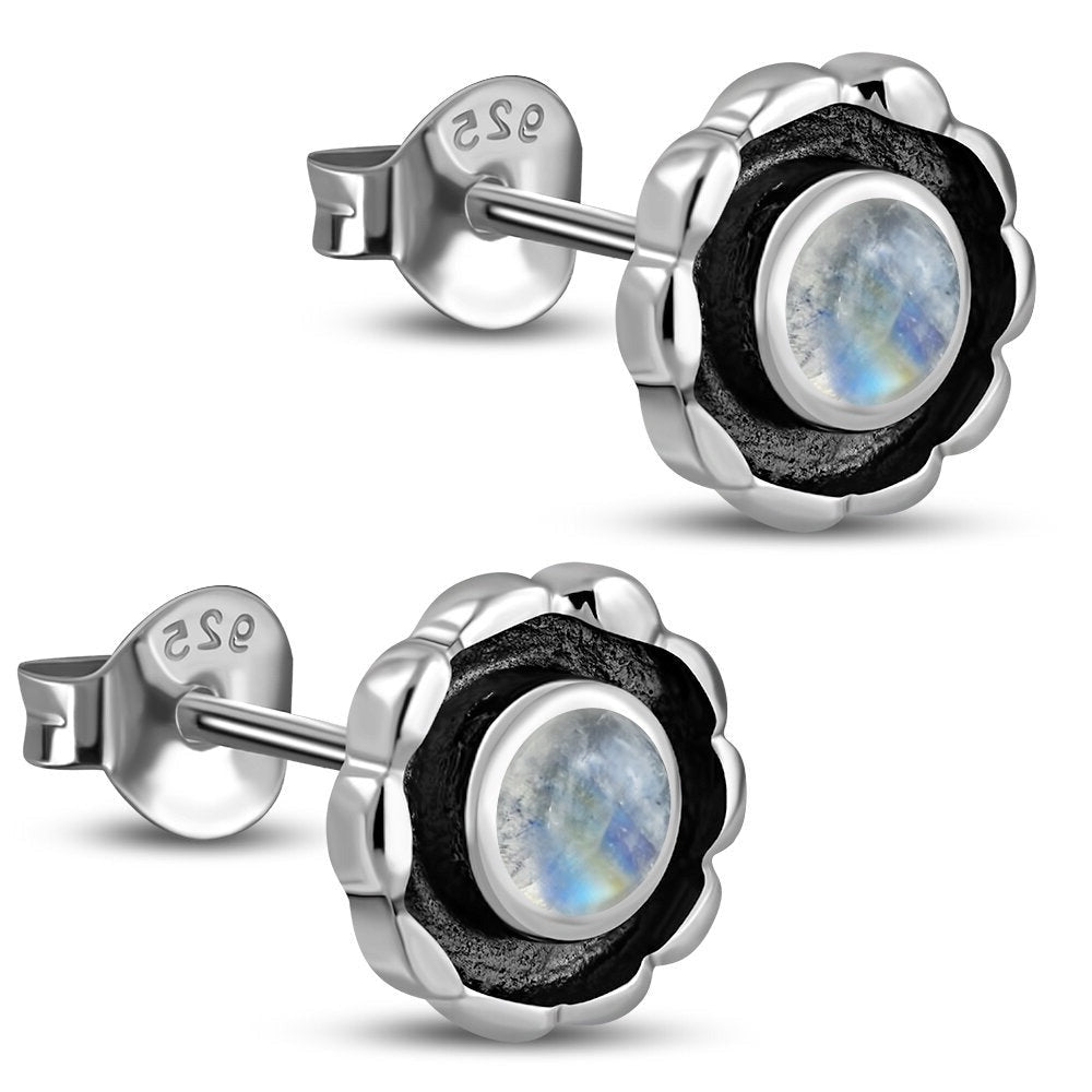Contemporary Stone Earrings- Round Dark Border with Moonstone